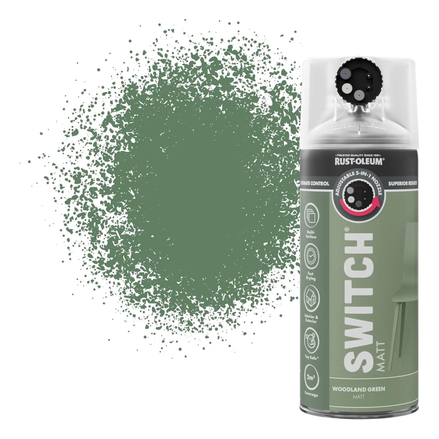 Rust-Oleum Switch spray paint can with green paint splatter on a white background
