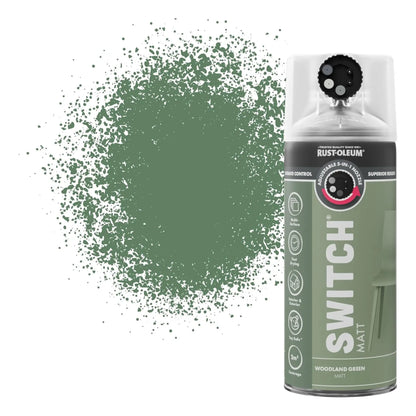 Rust-Oleum Switch spray paint can with green paint splatter on a white background
