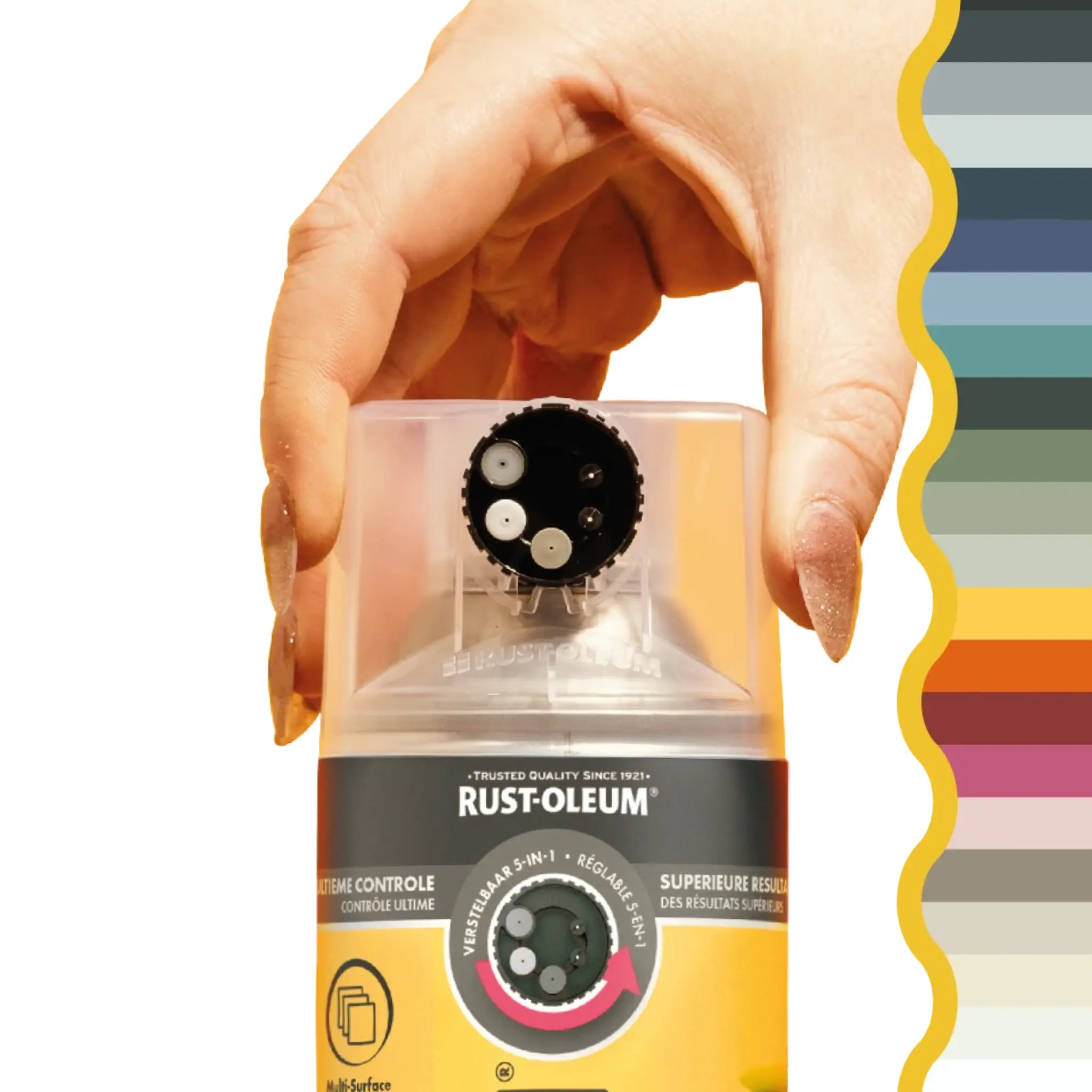 Hand holding a Rust-Oleum paint control product with a color swatch in the background