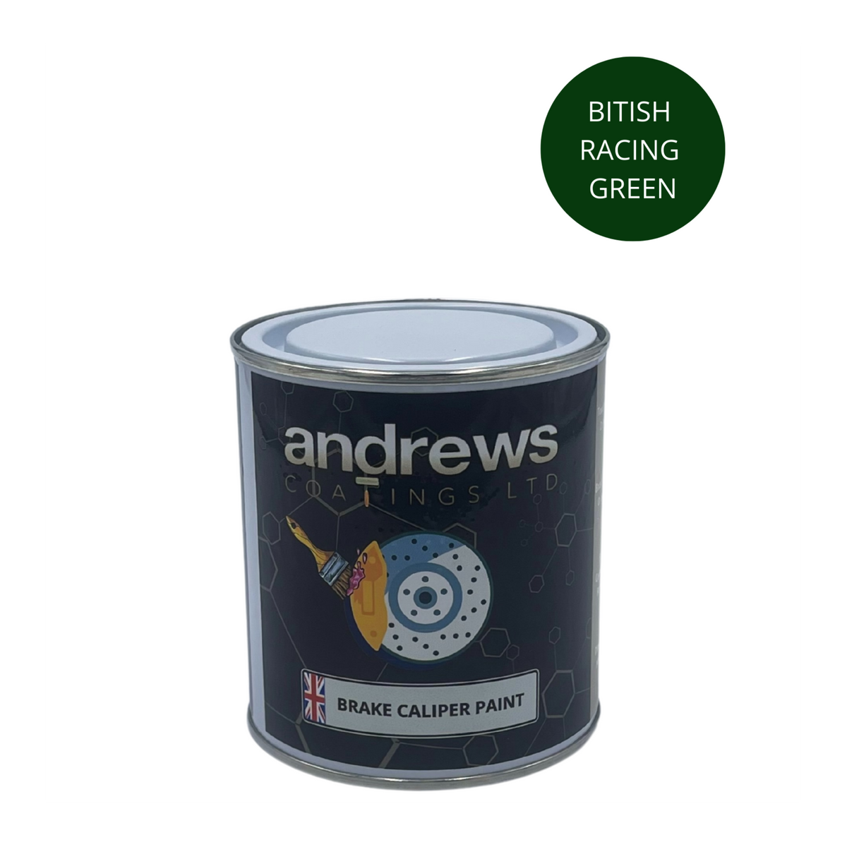 AndCoat brake caliper paint tin with British Racing Green colour swatch
