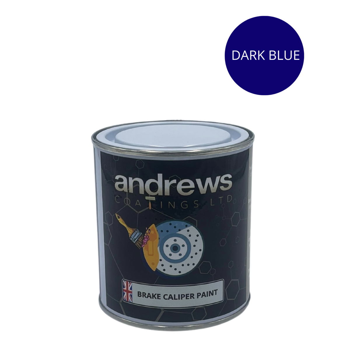 AndCoat brake caliper paint tin with Dark Blue colour swatch