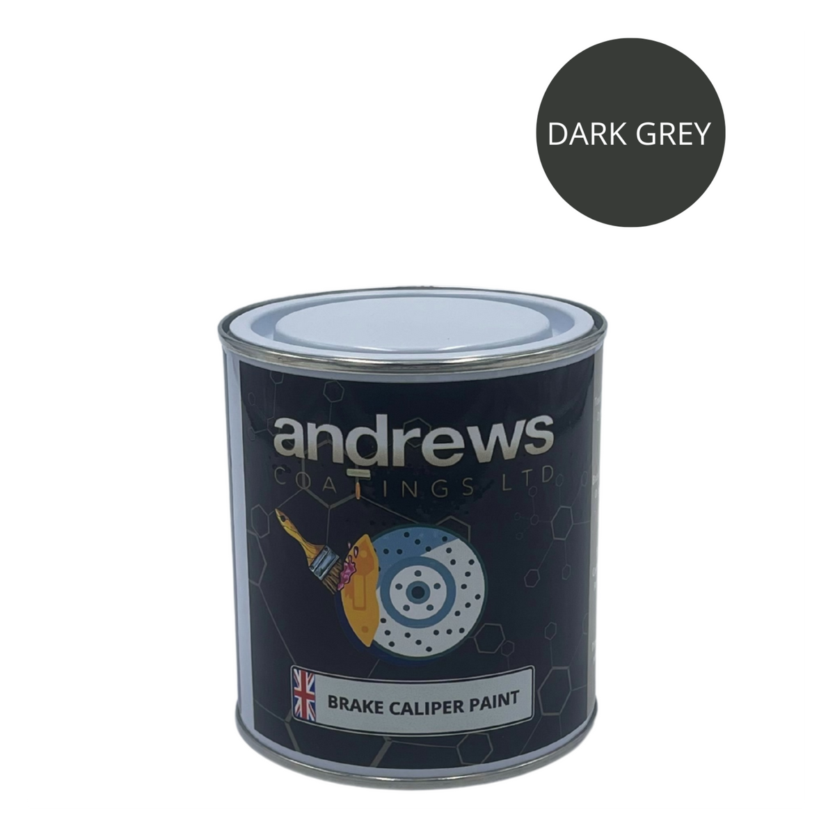 AndCoat brake caliper paint tin with Dark Grey colour swatch