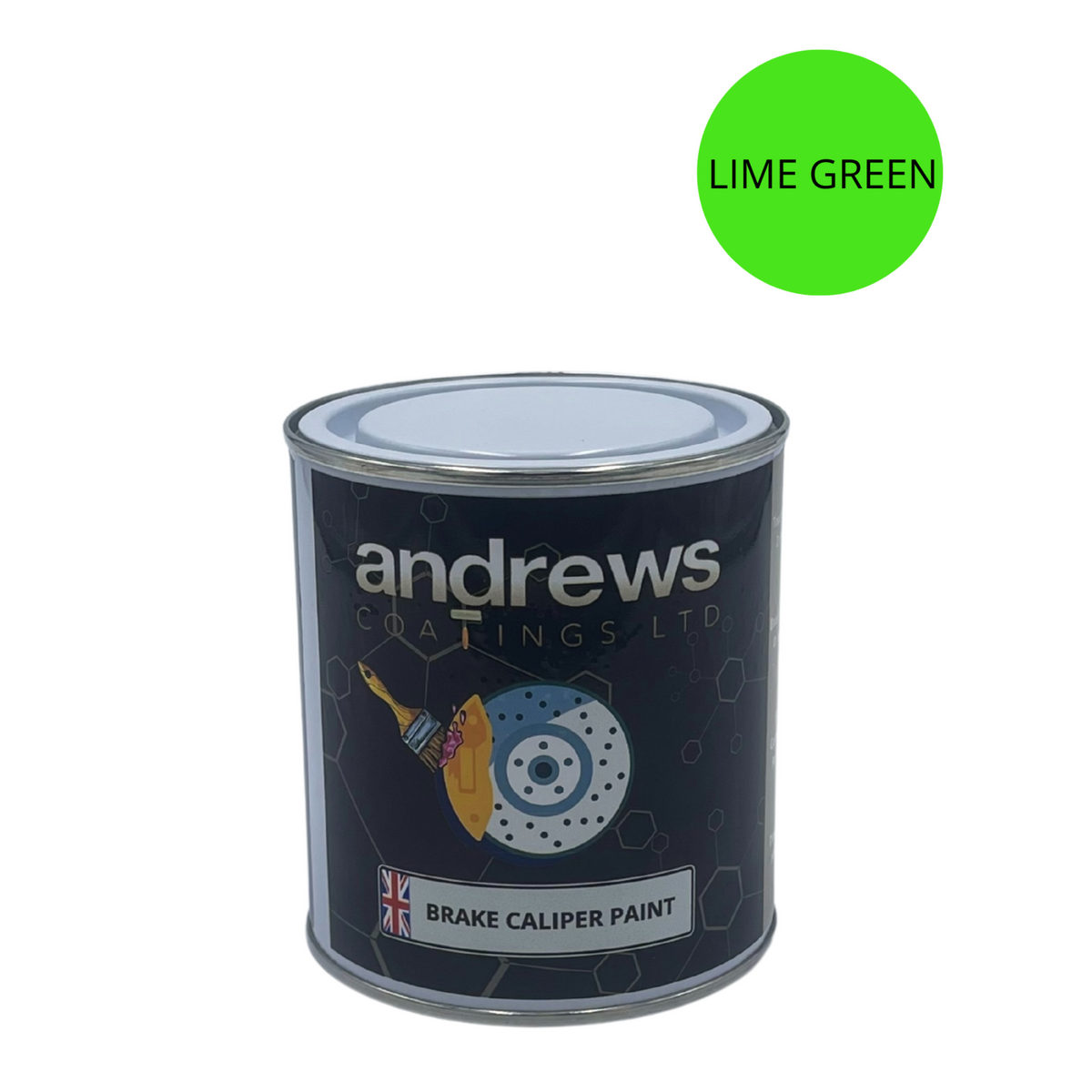 AndCoat brake caliper paint tin with Lime Green colour swatch