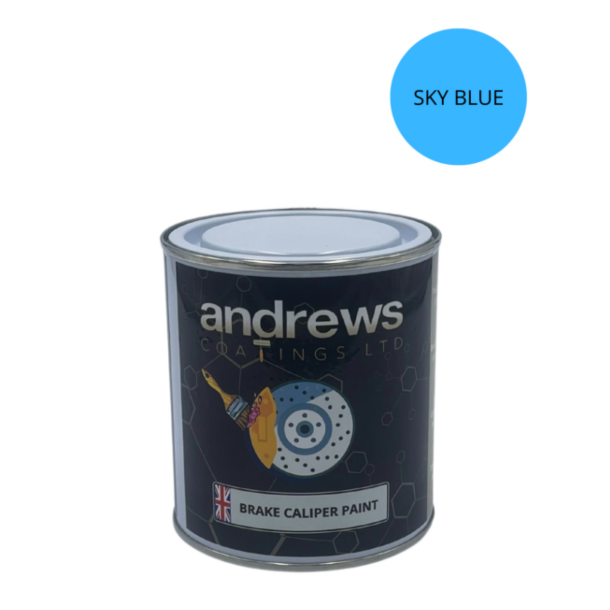 AndCoat brake caliper paint tin with Sky Blue colour swatch