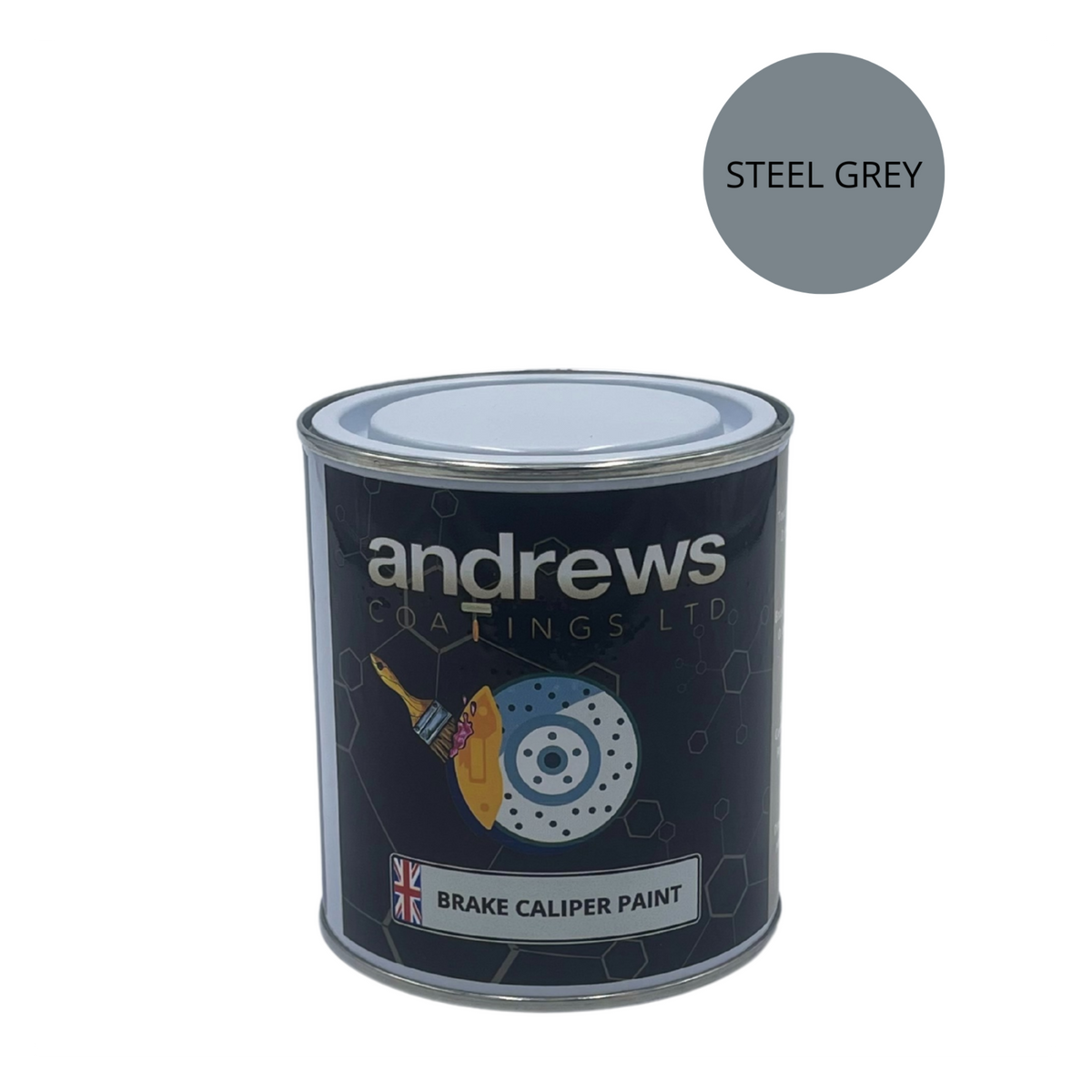AndCoat brake caliper paint tin with Steel Grey colour swatch